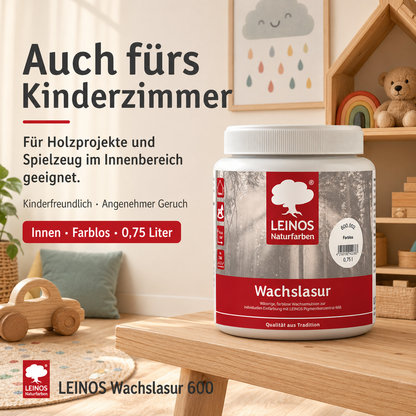 Leinos 600 Wachslasur für Innen 002 Farblos 0,75 l – wässrige Holzlasur für Möbel, Holzdecken, Wandverkleidungen und Kinderspielzeug im Innenbereich, farblos, pigmentierbar, leicht aufzutragen