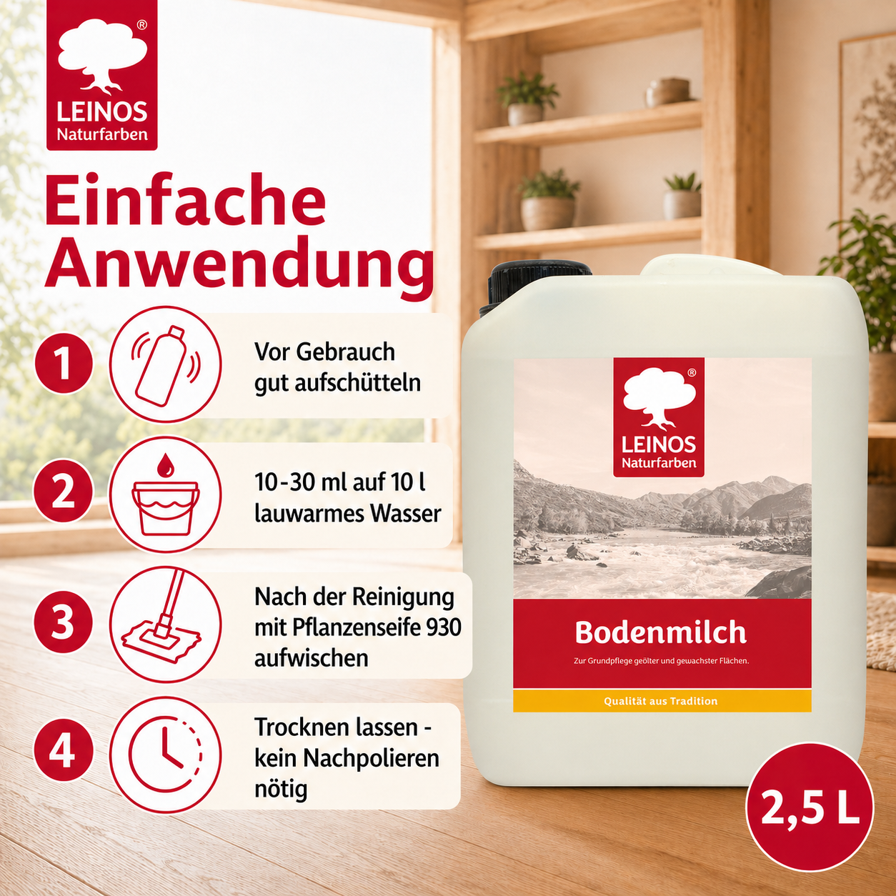 LEINOS 920 Bodenmilch 2,5 Liter | Pflegemittel für geölte, gewachste und lackierte Fußböden |  Holz, Kork und Linoleum | ergibt seidenglänzende Oberfläche