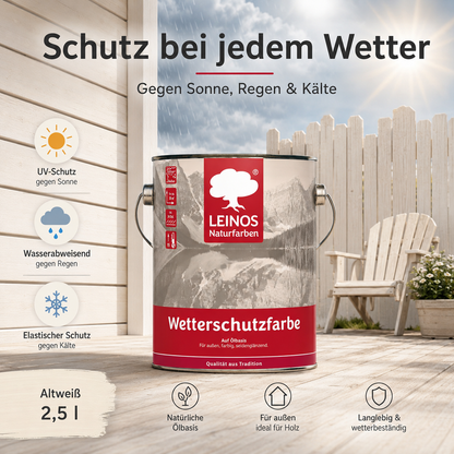 LEINOS Wetterschutzfarbe 2,5 l | Altweiß Holzlasur für Holzfassaden Fenster Gartenhäuser| wetterbeständige Deckfarbe für effektive Versiegelung und langanhaltenden Schutz auf Ölbasis im Außenbereich