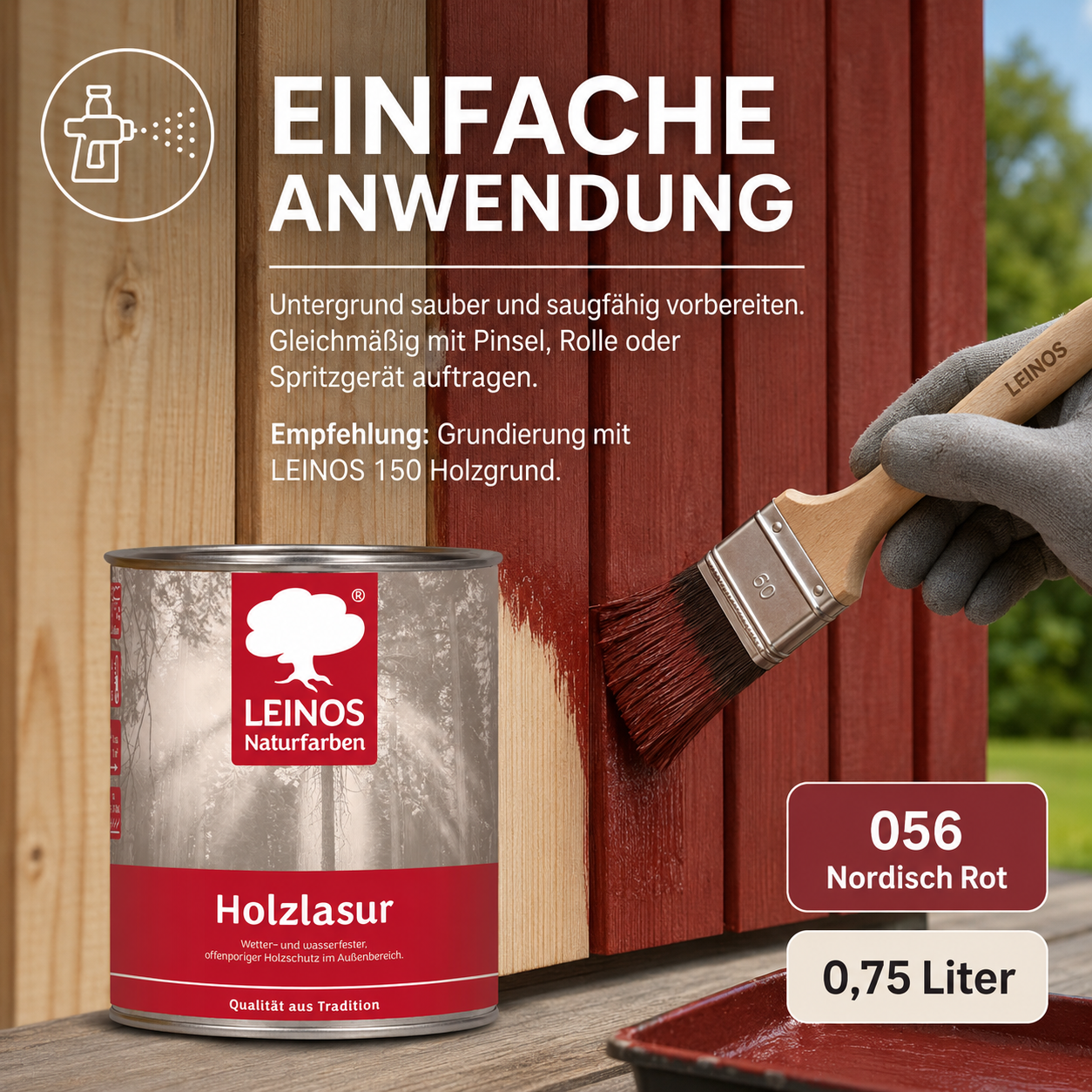 Wetterfeste Holzlasur für Außen 056 Nordisch Rot 0,75 Liter - offenporiger Holzschutz mit Filmschutz gegen Pilzbefall - für Fenster, Türen, Zäune & Pergolen - wasserabweisend, lasierend