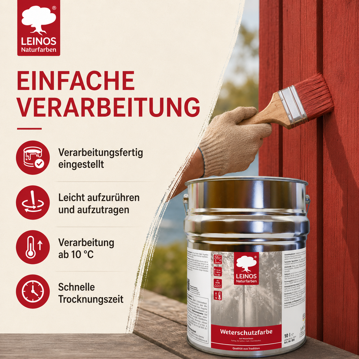 LEINOS Wetterschutzfarbe auf Wasserbasis 855 –2,5 l Schweden-Rot- Lösemittelfreier, matter Anstrich für unbehandelte Holzkonstruktionen im Außenbereich, ideal für sägeraues Holz