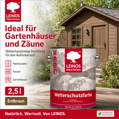 LEINOS Wetterschutzfarbe 2,5 l | Erdbraun Holzlasur für Holzfassaden Fenster Gartenhäuser| wetterbeständige Deckfarbe für effektive Versiegelung und langanhaltenden Schutz auf Ölbasis im Außenbereich