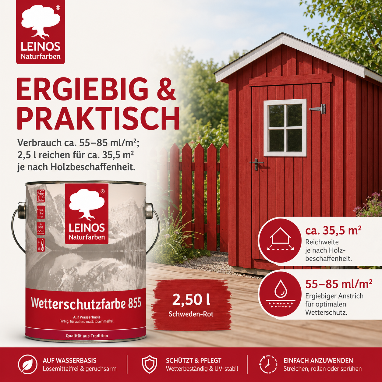 LEINOS Wetterschutzfarbe auf Wasserbasis 855 –2,5 l Schweden-Rot- Lösemittelfreier, matter Anstrich für unbehandelte Holzkonstruktionen im Außenbereich, ideal für sägeraues Holz