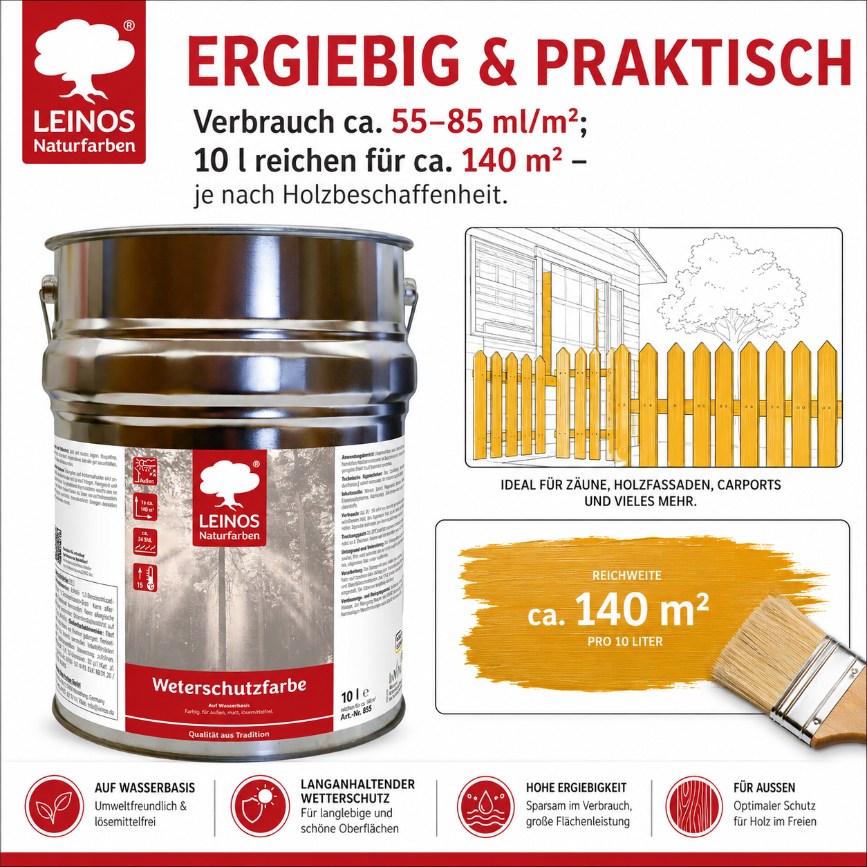 LEINOS Wetterschutzfarbe auf Wasserbasis 855 –10,0 l Maisgelb- Lösemittelfreier, matter Anstrich für unbehandelte Holzkonstruktionen im Außenbereich, ideal für sägeraues Holz