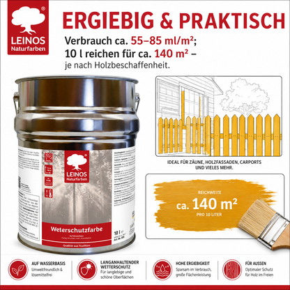 LEINOS Wetterschutzfarbe auf Wasserbasis 855 –10,0 l Maisgelb- Lösemittelfreier, matter Anstrich für unbehandelte Holzkonstruktionen im Außenbereich, ideal für sägeraues Holz