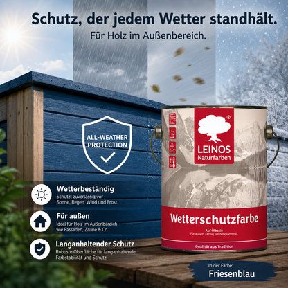 LEINOS Wetterschutzfarbe 2,5 l | Friesenblau Holzlasur für Holzfassaden Fenster Gartenhäuser| wetterbeständige Deckfarbe für effektive Versiegelung und langanhaltenden Schutz auf Ölbasis im Außenbereich