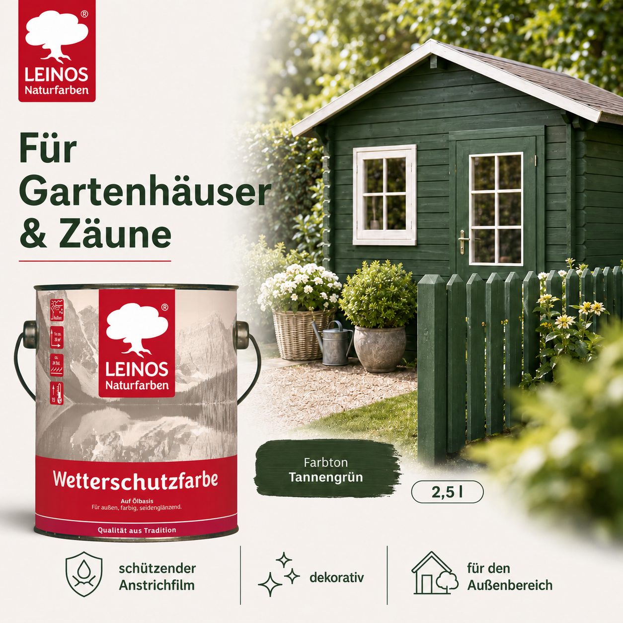 LEINOS Wetterschutzfarbe 2,5 l | Tannengrün Holzlasur für Holzfassaden Fenster Gartenhäuser| wetterbeständige Deckfarbe für effektive Versiegelung und langanhaltenden Schutz auf Ölbasis im Außenbereich