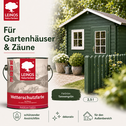 LEINOS Wetterschutzfarbe 2,5 l | Tannengrün Holzlasur für Holzfassaden Fenster Gartenhäuser| wetterbeständige Deckfarbe für effektive Versiegelung und langanhaltenden Schutz auf Ölbasis im Außenbereich