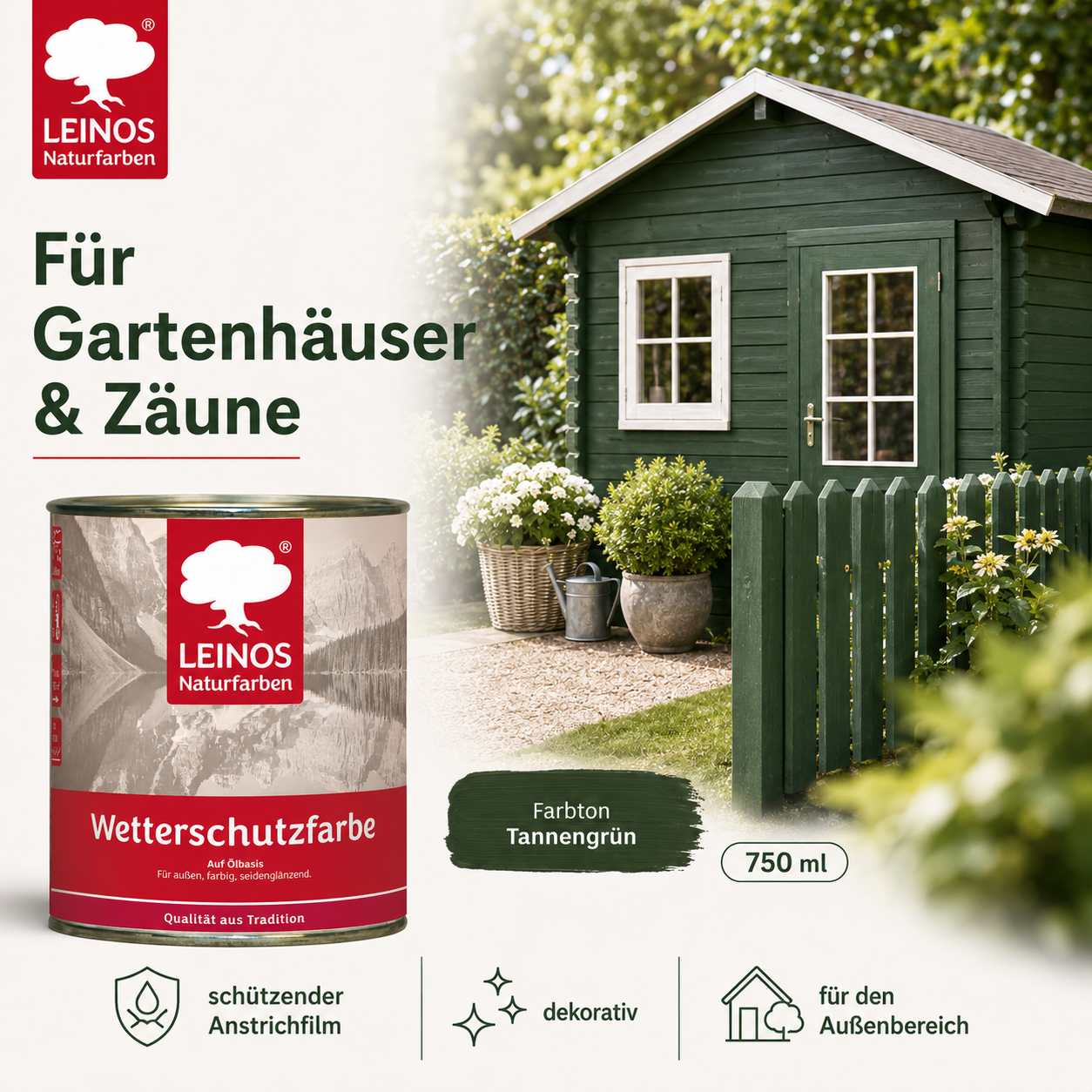 LEINOS Wetterschutzfarbe 750 ml | Tannengrün Holzlasur für Holzfassaden Fenster Gartenhäuser| wetterbeständige Deckfarbe für effektive Versiegelung und langanhaltenden Schutz auf Ölbasis im Außenbereich