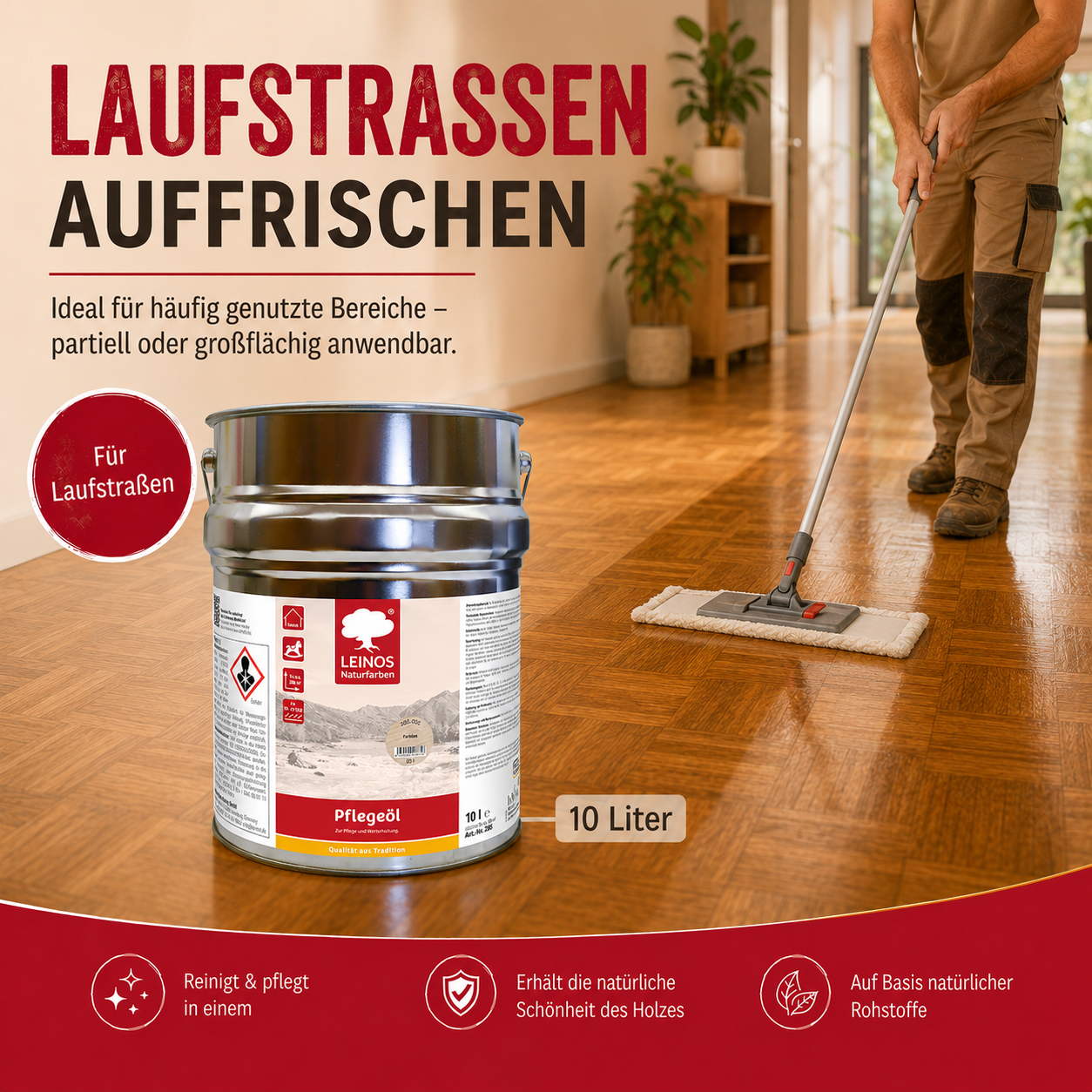 LEINOS 285 Pflegeöl 002 farblos  10 Liter | Zur Behandlung aller geölten und gewachsten Flächen wie Holz, Kork und Linoleum im Innenbereich |