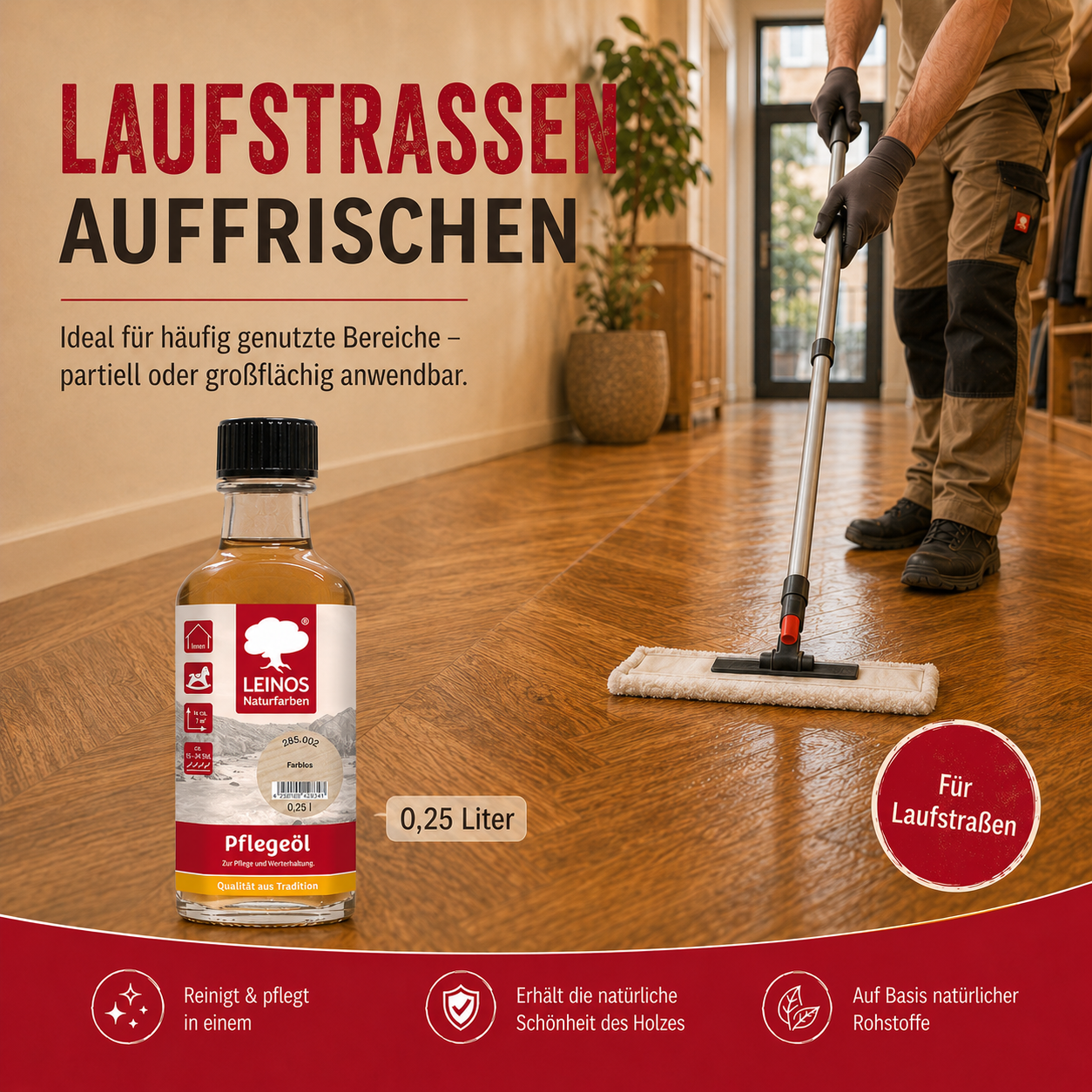 LEINOS Pflegeöl 285 | 0,25 L farblos (002) | Für alle geölten & gewachsten Holz-, Kork- & Linoleumflächen | Schutz gegen Laufstraßen | Seidenmatt & wasserabweisend | Innenbereich
