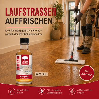 LEINOS Pflegeöl 285 | 0,25 L farblos (002) | Für alle geölten & gewachsten Holz-, Kork- & Linoleumflächen | Schutz gegen Laufstraßen | Seidenmatt & wasserabweisend | Innenbereich