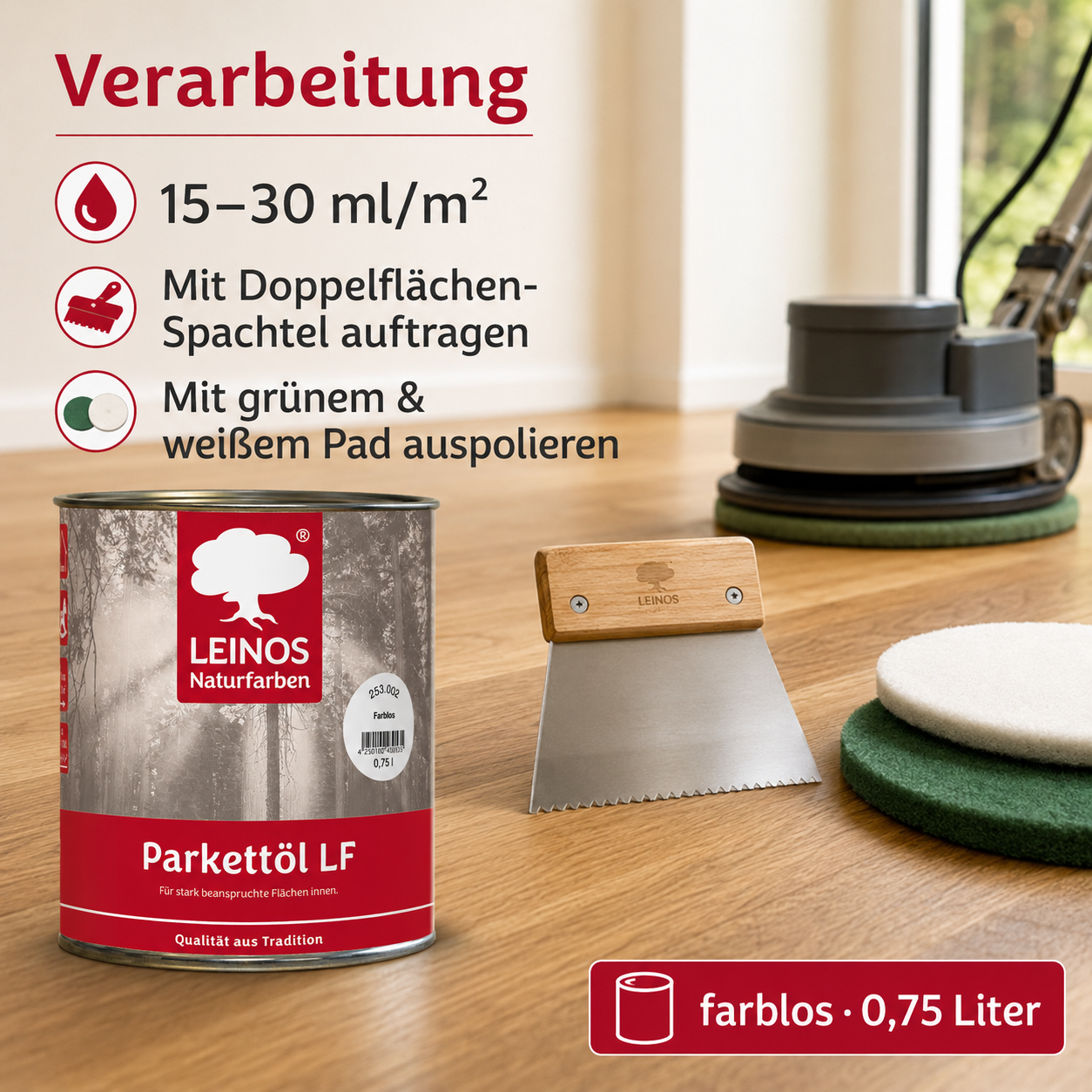 LEINOS Parkettöl LF 253 farblos 0,75 L – Lösemittelfreies Naturöl für Holzfußböden, offenporig & atmungsaktiv, schützt Parkett, Dielen & Massivholz im Innenbereich, betont die natürliche Maserung