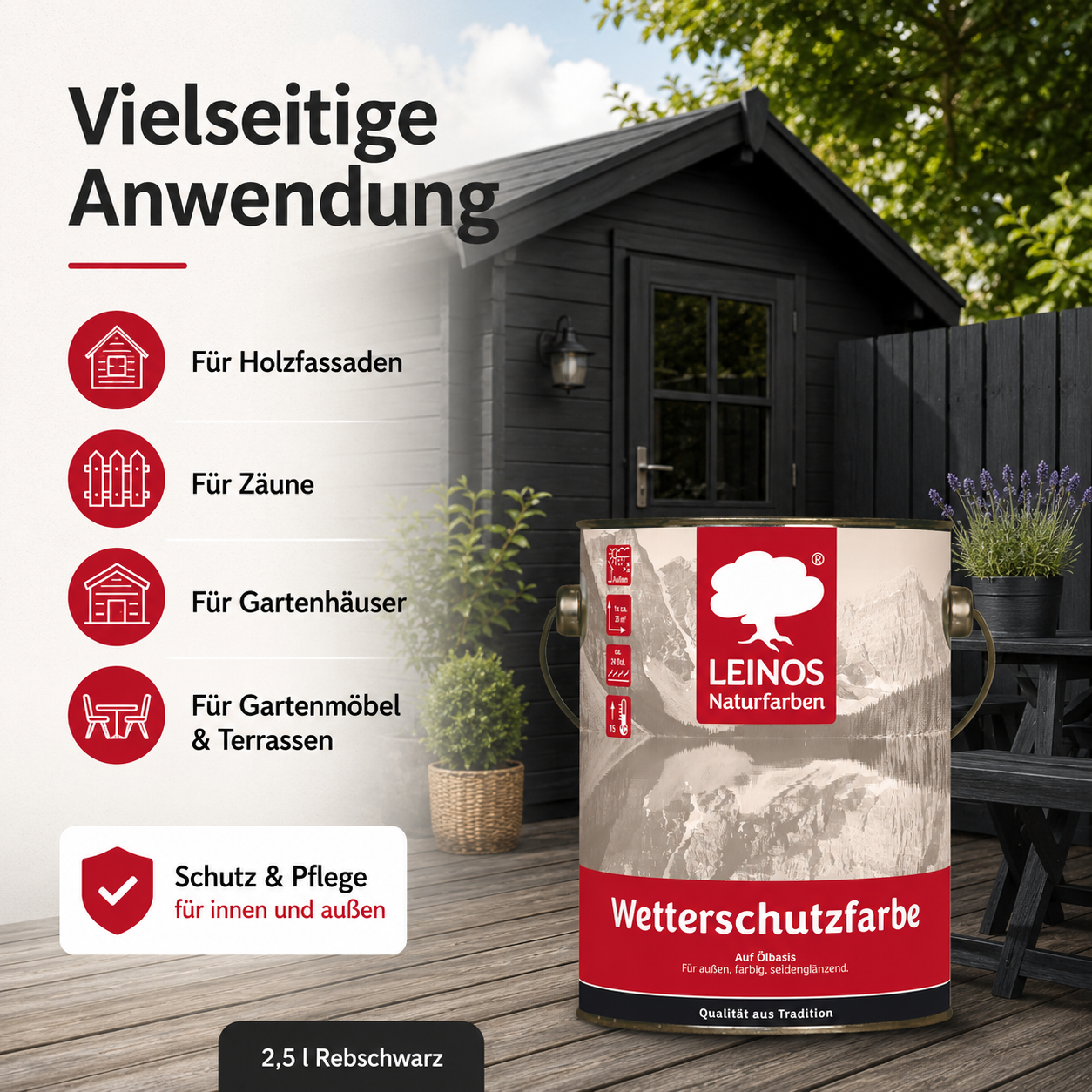 LEINOS Wetterschutzfarbe 2,5 l | Rebschwarz Holzlasur für Holzfassaden Fenster Gartenhäuser| wetterbeständige Deckfarbe für effektive Versiegelung und langanhaltenden Schutz auf Ölbasis im Außenbereich