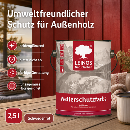 LEINOS Wetterschutzfarbe 2,5 l | Schwedenrot Holzlasur für Holzfassaden Fenster Gartenhäuser| wetterbeständige Deckfarbe für effektive Versiegelung und langanhaltenden Schutz auf Ölbasis im Außenbereich