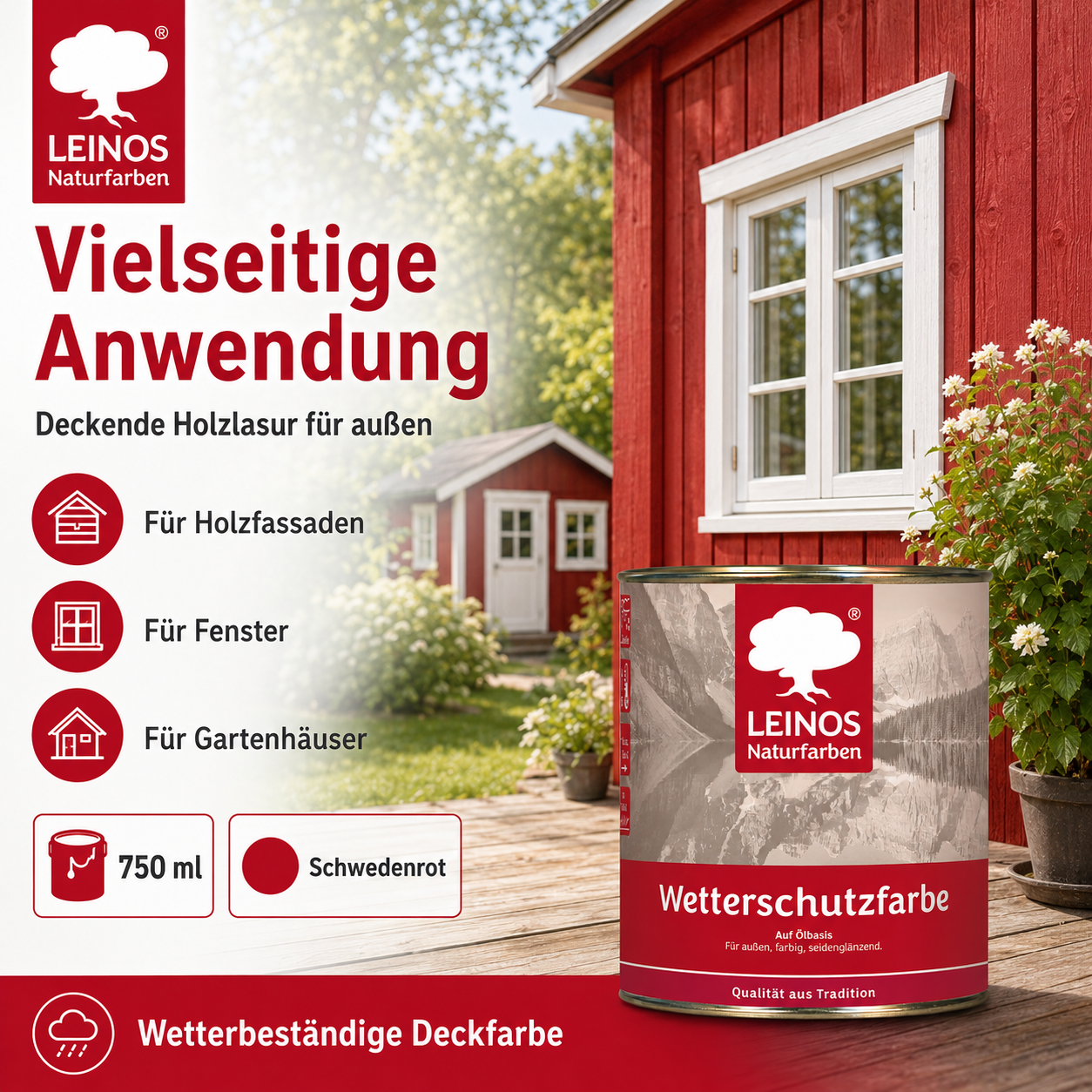 LEINOS Wetterschutzfarbe 750 ml | Schwedenrot Holzlasur für Holzfassaden Fenster Gartenhäuser| wetterbeständige Deckfarbe für effektive Versiegelung und langanhaltenden Schutz auf Ölbasis im Außenbereich