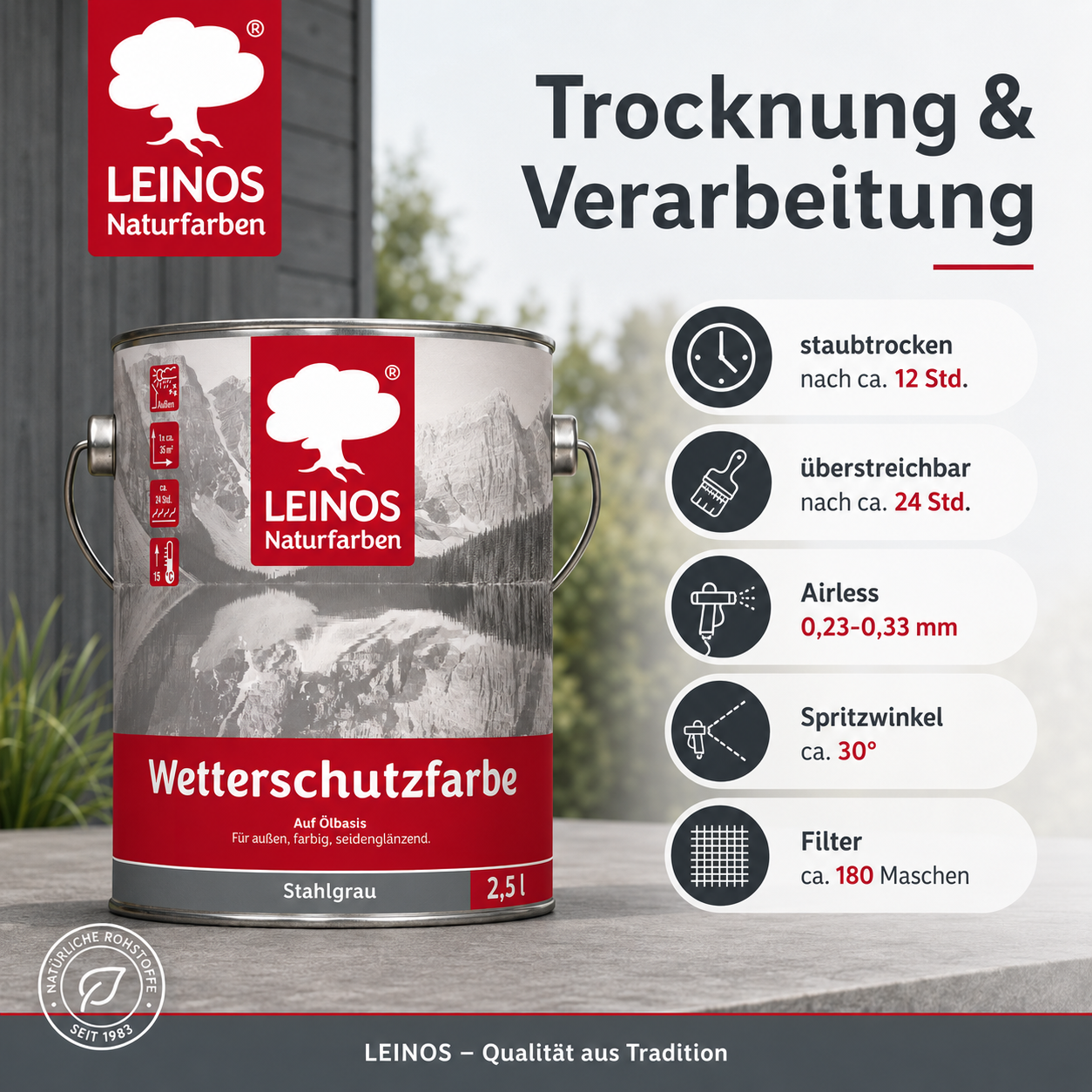 LEINOS Wetterschutzfarbe 2,5 l | Stahlgrau Holzlasur für Holzfassaden Fenster Gartenhäuser| wetterbeständige Deckfarbe für effektive Versiegelung und langanhaltenden Schutz auf Ölbasis im Außenbereich