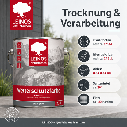 LEINOS Wetterschutzfarbe 2,5 l | Stahlgrau Holzlasur für Holzfassaden Fenster Gartenhäuser| wetterbeständige Deckfarbe für effektive Versiegelung und langanhaltenden Schutz auf Ölbasis im Außenbereich