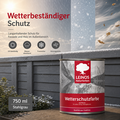 LEINOS Wetterschutzfarbe 750 ml | Stahlgrau Holzlasur für Holzfassaden Fenster Gartenhäuser| wetterbeständige Deckfarbe für effektive Versiegelung und langanhaltenden Schutz auf Ölbasis im Außenbereich