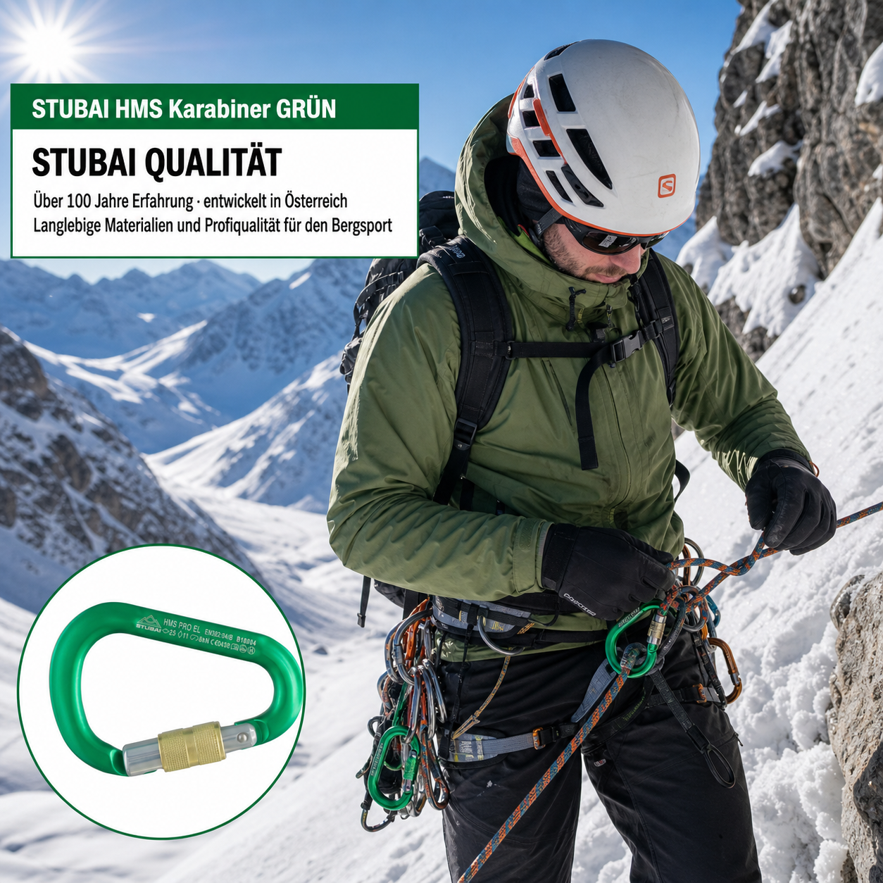 HMS Karabiner | Stubai Karabiner mit Schraubverschluss, Schraubkarabiner zum Klettern, Kletter-Karabinerhaken, Sicherungskarabiner zum Bergsteigen, Grün