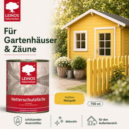 LEINOS Wetterschutzfarbe 2,5 l | Maisgelb Holzlasur für Holzfassaden Fenster Gartenhäuser| wetterbeständige Deckfarbe für effektive Versiegelung und langanhaltenden Schutz auf Ölbasis im Außenbereich