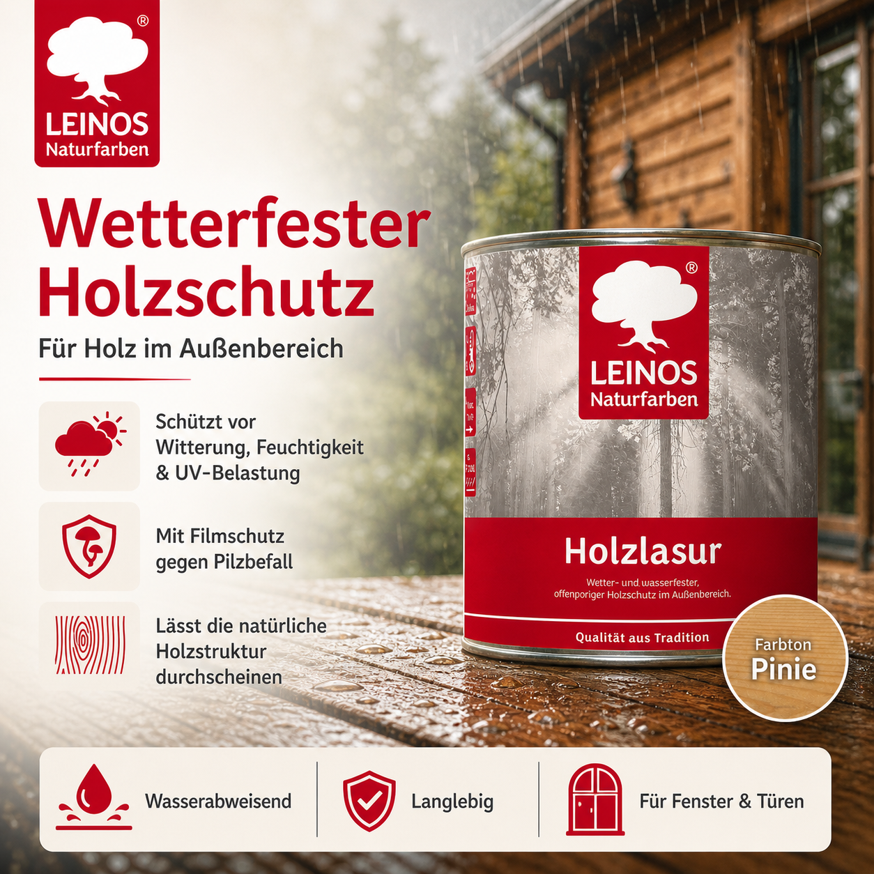 Wetterfeste Holzlasur für Außen 022 Pinie 2,50 Liter - offenporiger Holzschutz mit Filmschutz gegen Pilzbefall - für Fenster, Türen, Zäune & Pergolen - wasserabweisend, lasierend