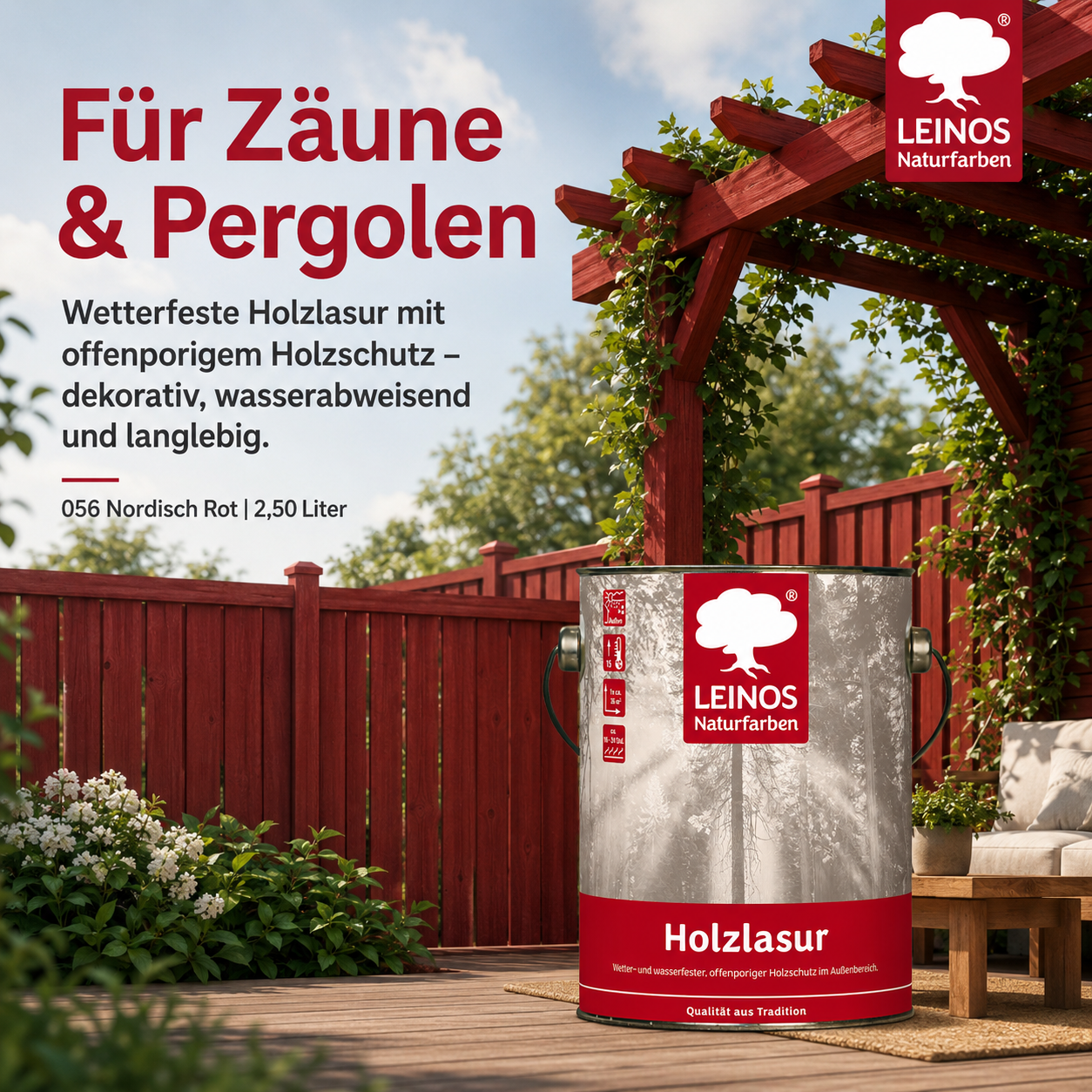 Wetterfeste Holzlasur für Außen 056 Nordisch Rot 2,50 Liter - offenporiger Holzschutz mit Filmschutz gegen Pilzbefall - für Fenster, Türen, Zäune & Pergolen - wasserabweisend, lasierend