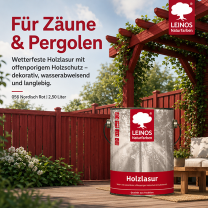 Wetterfeste Holzlasur für Außen 056 Nordisch Rot 2,50 Liter - offenporiger Holzschutz mit Filmschutz gegen Pilzbefall - für Fenster, Türen, Zäune & Pergolen - wasserabweisend, lasierend