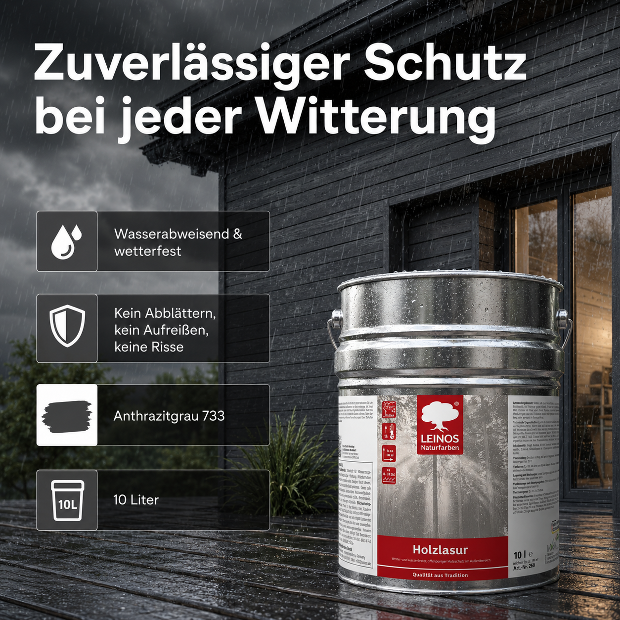 Wetterfeste Holzlasur für Außen 733 Anthrazitgrau 10,00 Liter - offenporiger Holzschutz mit Filmschutz gegen Pilzbefall - für Fenster, Türen, Zäune & Pergolen - wasserabweisend, lasierend