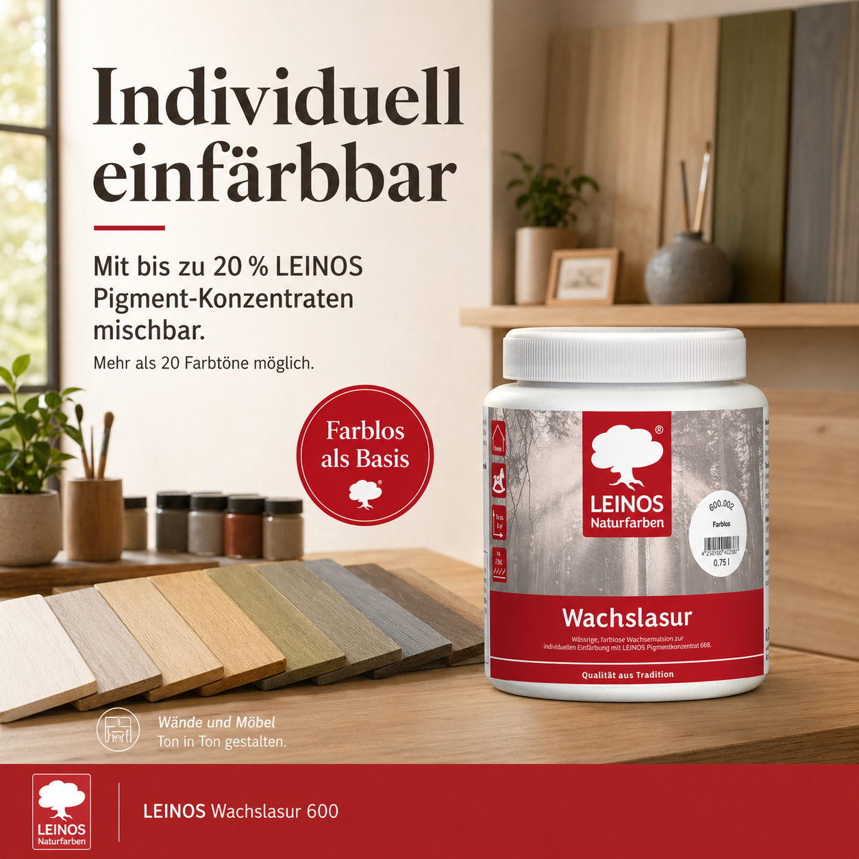 Leinos 600 Wachslasur für Innen 002 Farblos 0,75 l – wässrige Holzlasur für Möbel, Holzdecken, Wandverkleidungen und Kinderspielzeug im Innenbereich, farblos, pigmentierbar, leicht aufzutragen