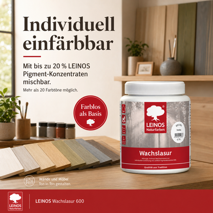 Leinos 600 Wachslasur für Innen 002 Farblos 0,75 l – wässrige Holzlasur für Möbel, Holzdecken, Wandverkleidungen und Kinderspielzeug im Innenbereich, farblos, pigmentierbar, leicht aufzutragen