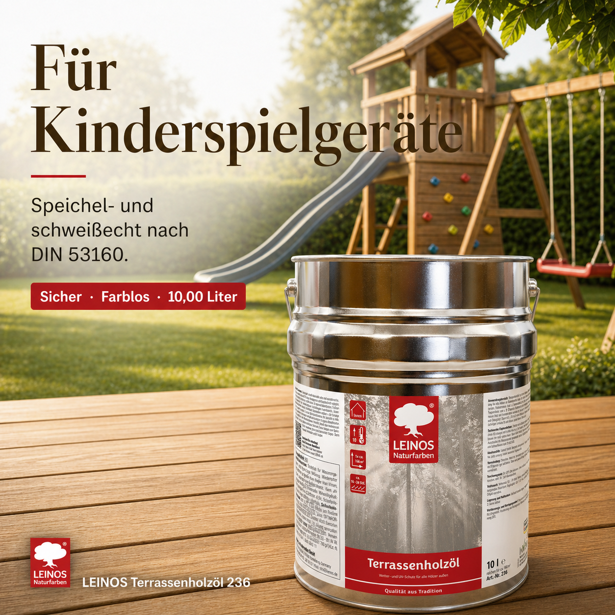 LEINOS Terrassenholzöl 236 | 10,00 Liter | Hochwertiges Holzöl für außen | Für Terrassen, Zäune, Kinderspielgeräte | Farbton: farblos | Tiefer Holzschutz & leichte Anwendung