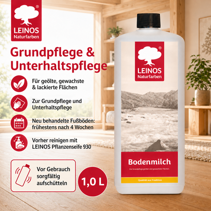 LEINOS 920 Bodenmilch 1 Liter | Pflegemittel für geölte, gewachste und lackierte Fußböden |  Holz, Kork und Linoleum | ergibt seidenglänzende Oberfläche