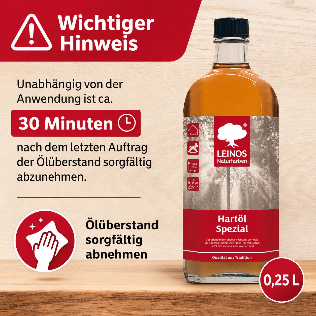 Leinos Spezial Hartöl 250 ml | Farbloses Versiegelungsöl | Holzöl für effektive Endbeschichtung und langanhaltenden Schutz im Innenbereich