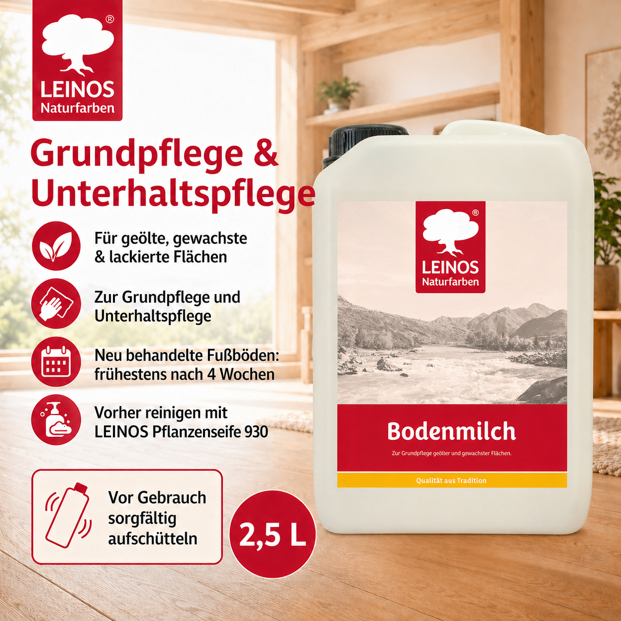 LEINOS 920 Bodenmilch 2,5 Liter | Pflegemittel für geölte, gewachste und lackierte Fußböden |  Holz, Kork und Linoleum | ergibt seidenglänzende Oberfläche