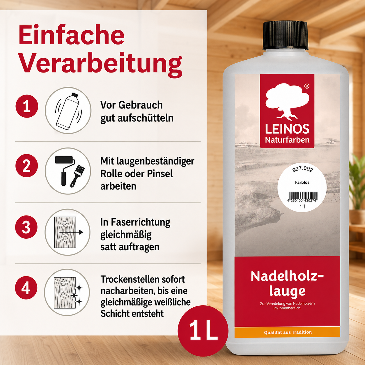 LEINOS 927 Nadelholzlauge 1,00 l Farblos | Zur Veredelung von Nadelhölzern im Innenbereich |  für Fußböden, Wände, Decken, Türen, Möbel