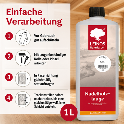 LEINOS 927 Nadelholzlauge 1,00 l Farblos | Zur Veredelung von Nadelhölzern im Innenbereich |  für Fußböden, Wände, Decken, Türen, Möbel