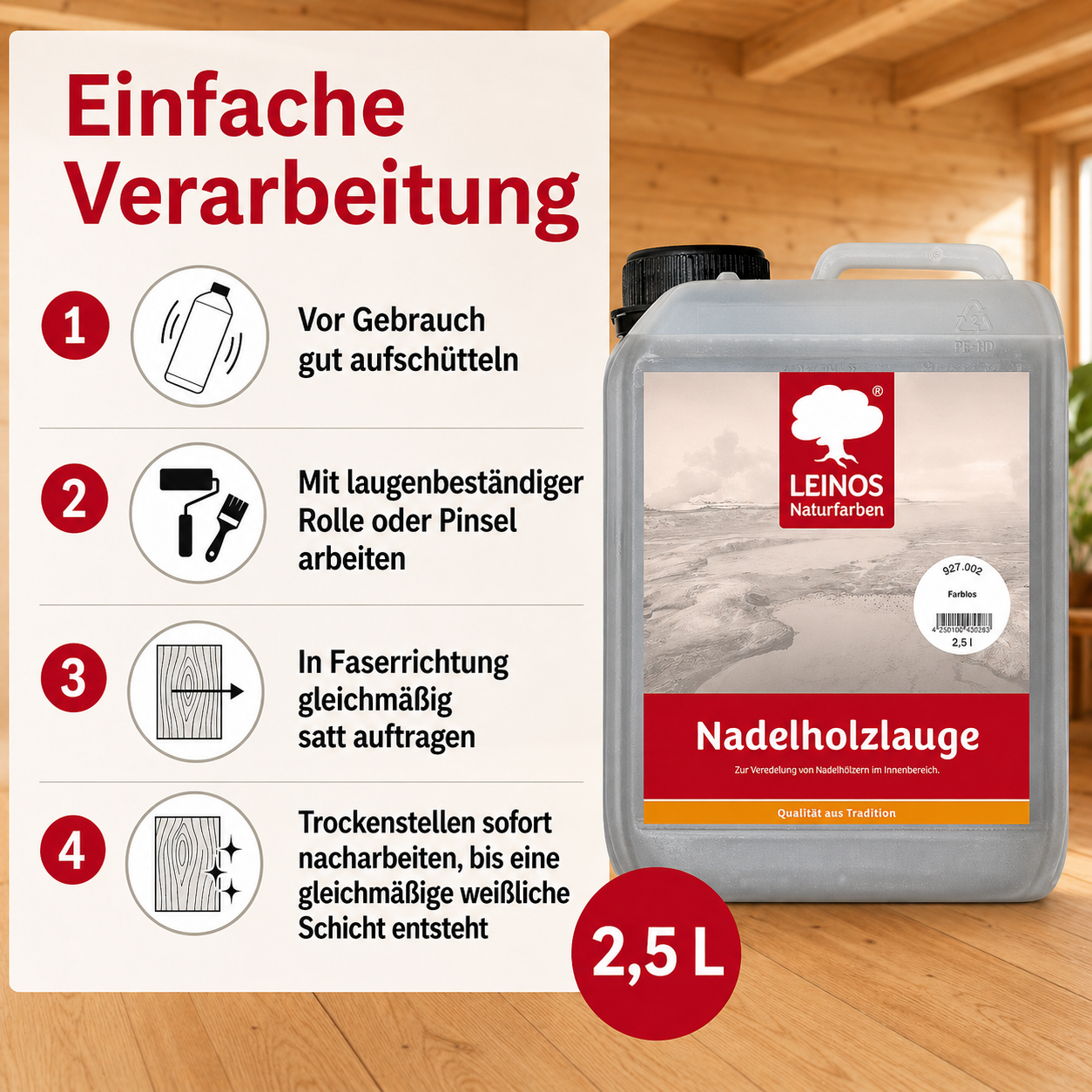 LEINOS 927 Nadelholzlauge 2,50 l weiss | Zur Veredelung von Nadelhölzern im Innenbereich |  für Fußböden, Wände, Decken, Türen, Möbel