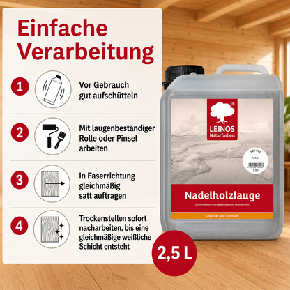LEINOS 927 Nadelholzlauge 2,50 l weiss | Zur Veredelung von Nadelhölzern im Innenbereich |  für Fußböden, Wände, Decken, Türen, Möbel