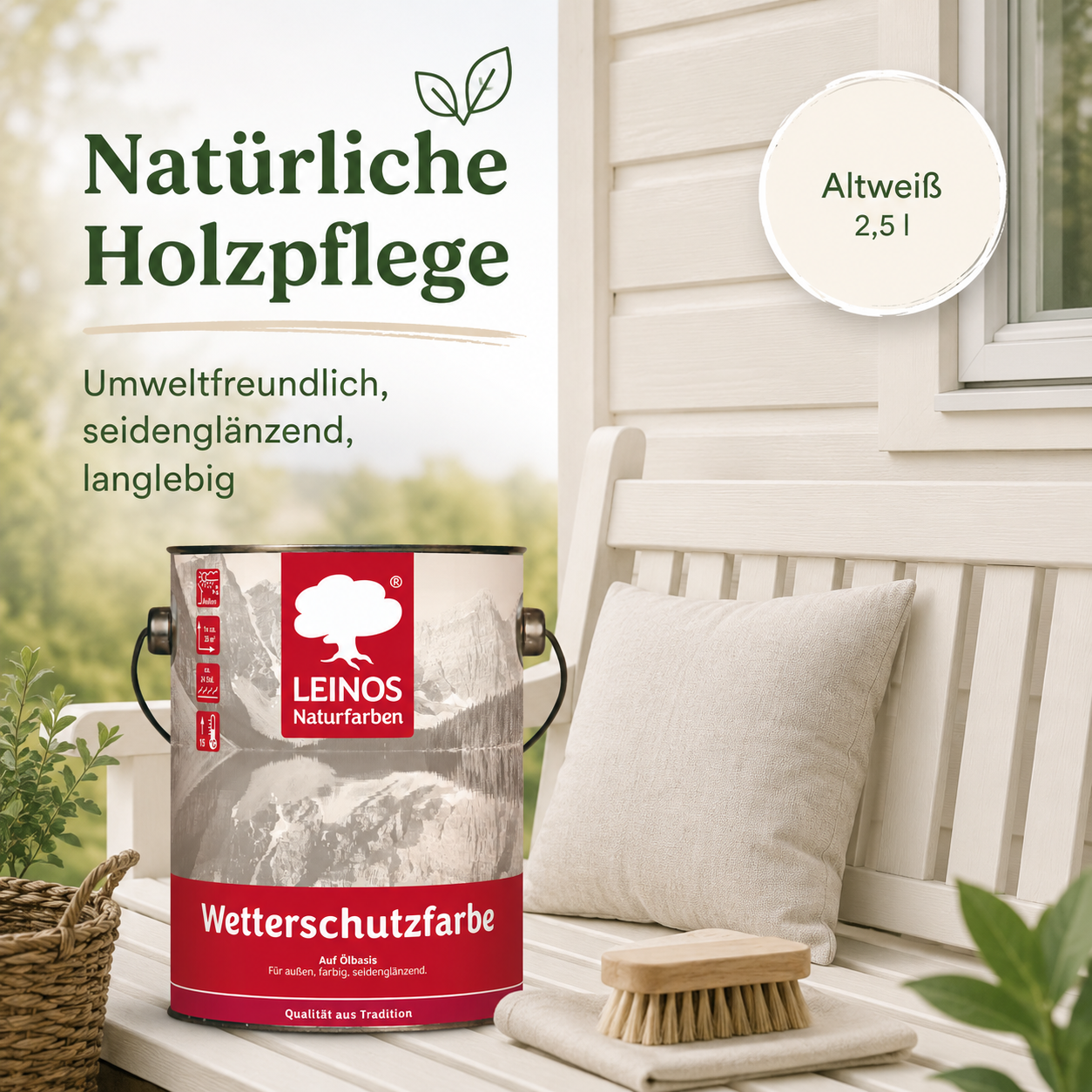 LEINOS Wetterschutzfarbe 2,5 l | Altweiß Holzlasur für Holzfassaden Fenster Gartenhäuser| wetterbeständige Deckfarbe für effektive Versiegelung und langanhaltenden Schutz auf Ölbasis im Außenbereich