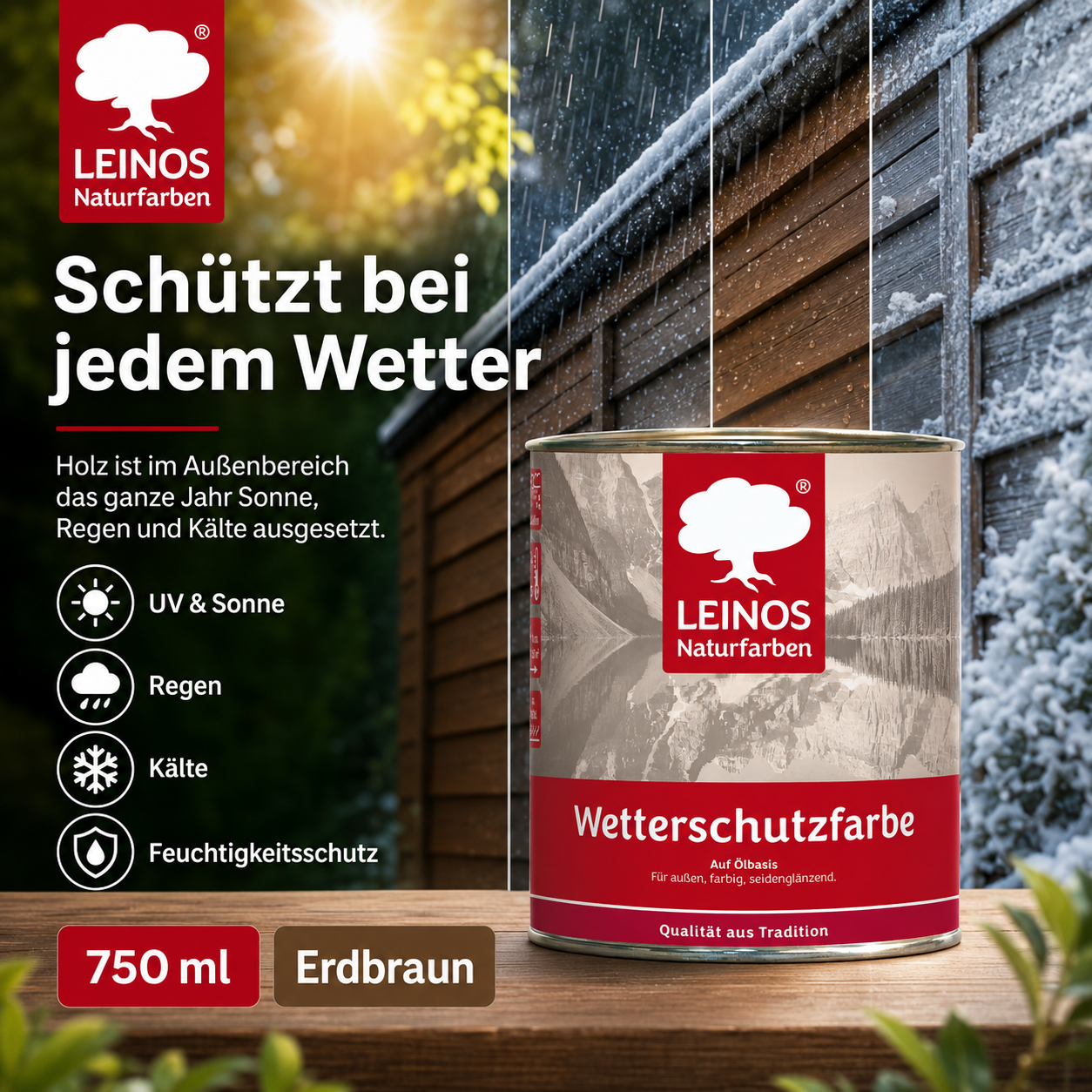 LEINOS Wetterschutzfarbe 750 ml | Erdbraun Holzlasur für Holzfassaden Fenster Gartenhäuser| wetterbeständige Deckfarbe für effektive Versiegelung und langanhaltenden Schutz auf Ölbasis im Außenbereich