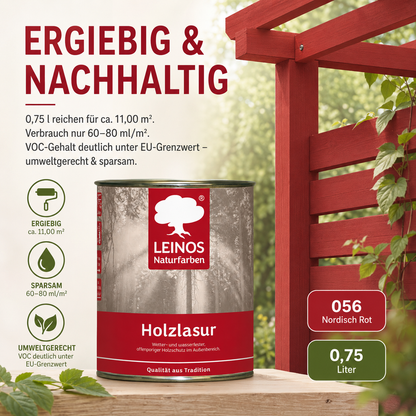 Wetterfeste Holzlasur für Außen 056 Nordisch Rot 0,75 Liter - offenporiger Holzschutz mit Filmschutz gegen Pilzbefall - für Fenster, Türen, Zäune & Pergolen - wasserabweisend, lasierend