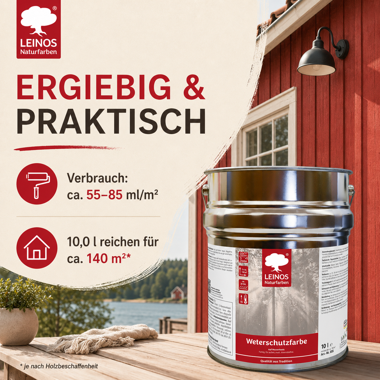 LEINOS Wetterschutzfarbe auf Wasserbasis 855 –2,5 l Schweden-Rot- Lösemittelfreier, matter Anstrich für unbehandelte Holzkonstruktionen im Außenbereich, ideal für sägeraues Holz