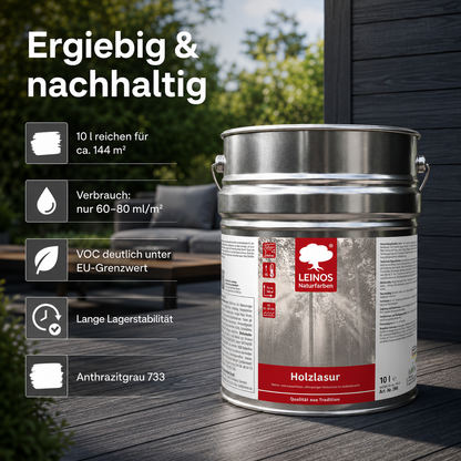 Wetterfeste Holzlasur für Außen 733 Anthrazitgrau 10,00 Liter - offenporiger Holzschutz mit Filmschutz gegen Pilzbefall - für Fenster, Türen, Zäune & Pergolen - wasserabweisend, lasierend