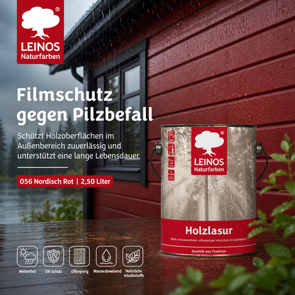 Wetterfeste Holzlasur für Außen 056 Nordisch Rot 2,50 Liter - offenporiger Holzschutz mit Filmschutz gegen Pilzbefall - für Fenster, Türen, Zäune & Pergolen - wasserabweisend, lasierend