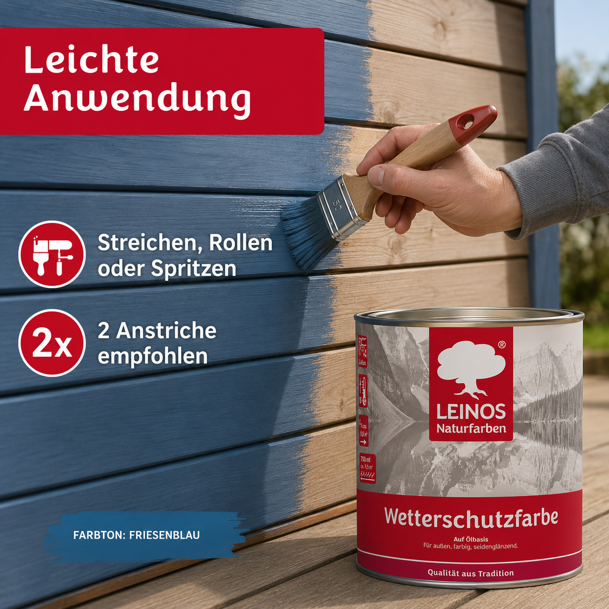 LEINOS Wetterschutzfarbe 750 ml | Friesenblau Holzlasur für Holzfassaden Fenster Gartenhäuser| wetterbeständige Deckfarbe für effektive Versiegelung und langanhaltenden Schutz auf Ölbasis im Außenbereich