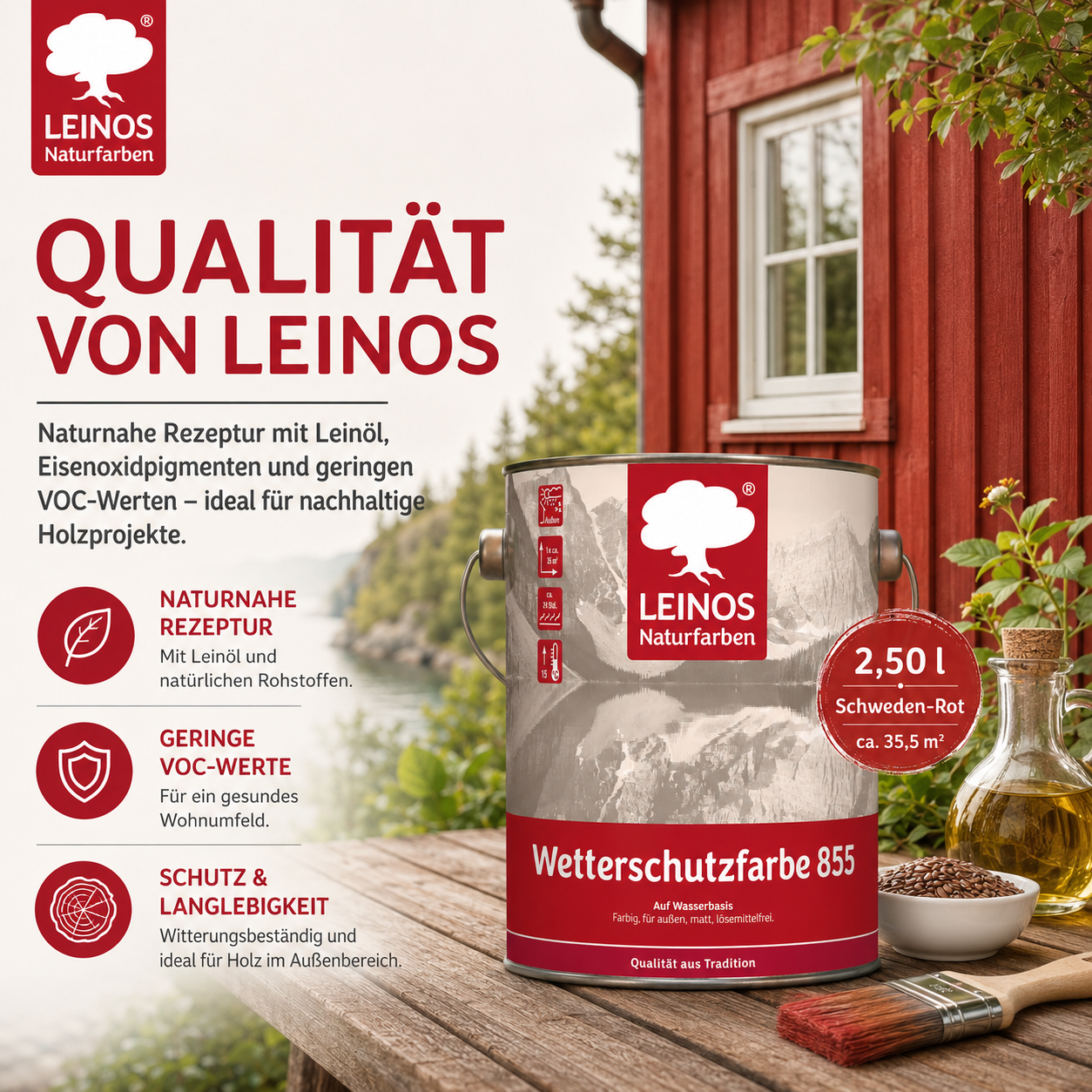 LEINOS Wetterschutzfarbe auf Wasserbasis 855 –2,5 l Schweden-Rot- Lösemittelfreier, matter Anstrich für unbehandelte Holzkonstruktionen im Außenbereich, ideal für sägeraues Holz