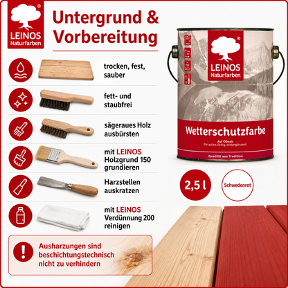 LEINOS Wetterschutzfarbe 2,5 l | Schwedenrot Holzlasur für Holzfassaden Fenster Gartenhäuser| wetterbeständige Deckfarbe für effektive Versiegelung und langanhaltenden Schutz auf Ölbasis im Außenbereich
