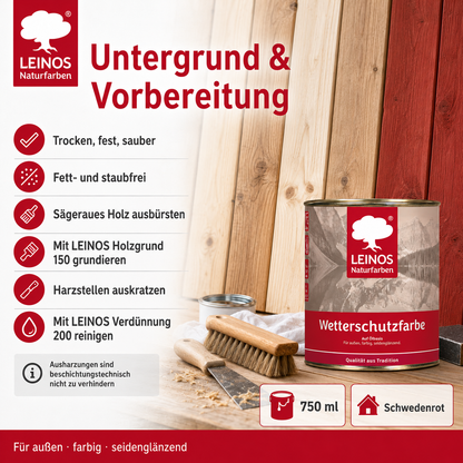 LEINOS Wetterschutzfarbe 750 ml | Schwedenrot Holzlasur für Holzfassaden Fenster Gartenhäuser| wetterbeständige Deckfarbe für effektive Versiegelung und langanhaltenden Schutz auf Ölbasis im Außenbereich