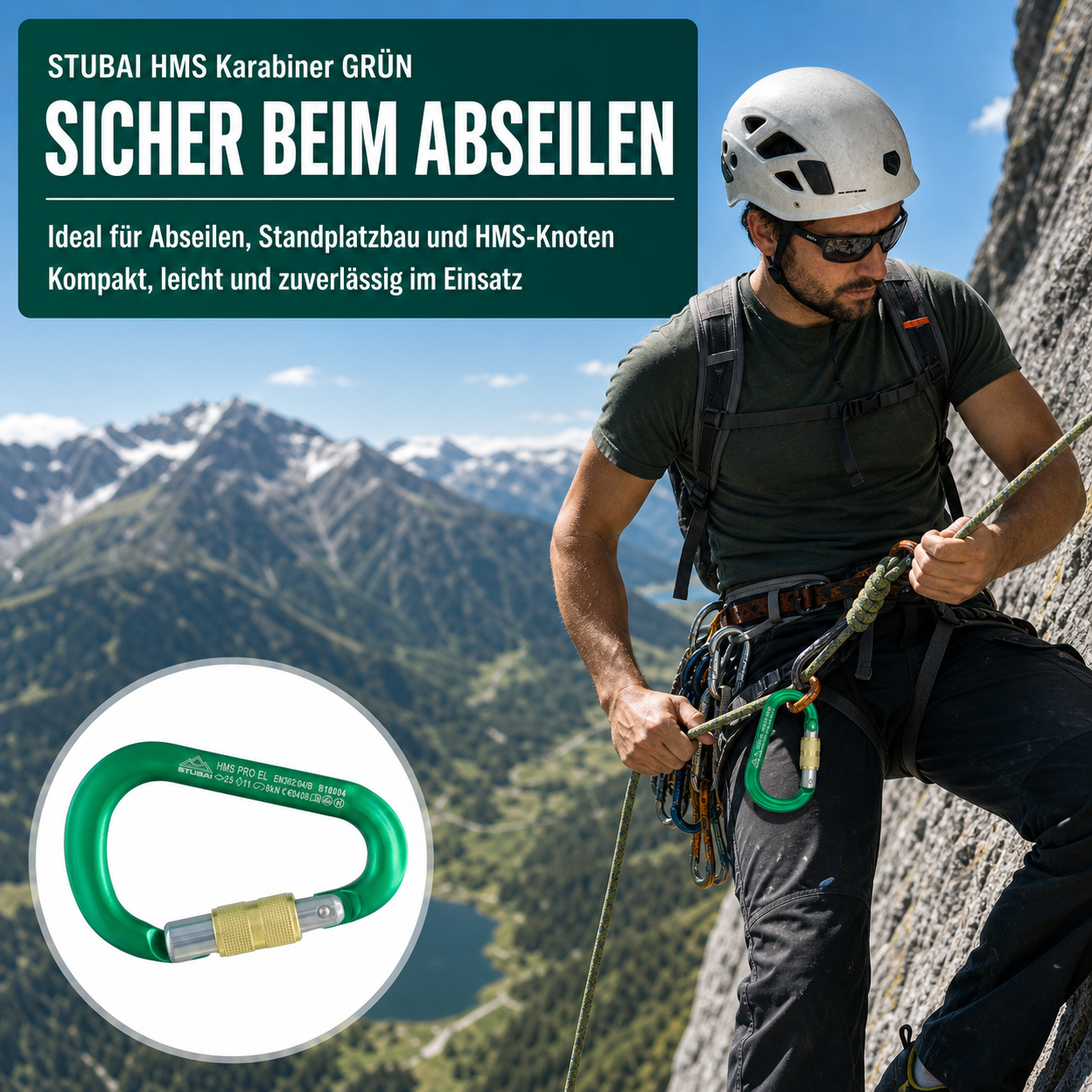 HMS Karabiner | Stubai Karabiner mit Schraubverschluss, Schraubkarabiner zum Klettern, Kletter-Karabinerhaken, Sicherungskarabiner zum Bergsteigen, Grün